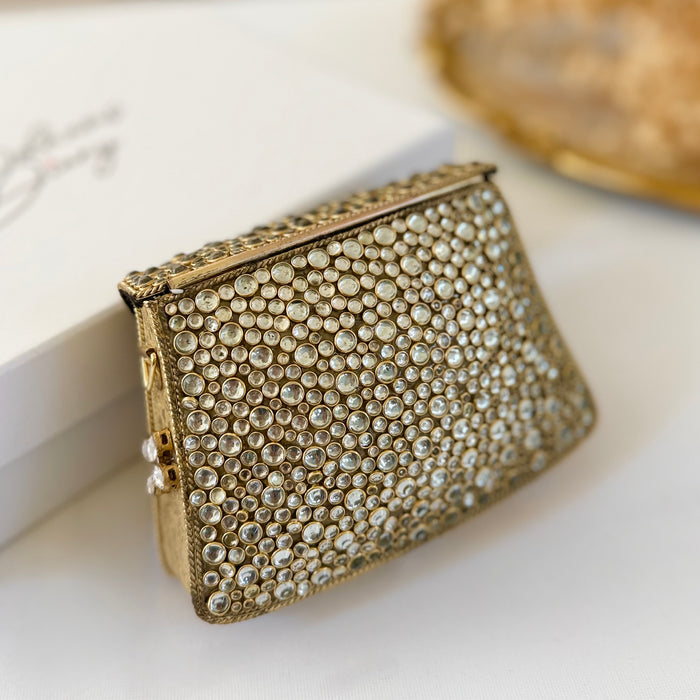 Natural Rose Quartz Gemstone Mini Clutch | Kundan Detailing on Brass Frame