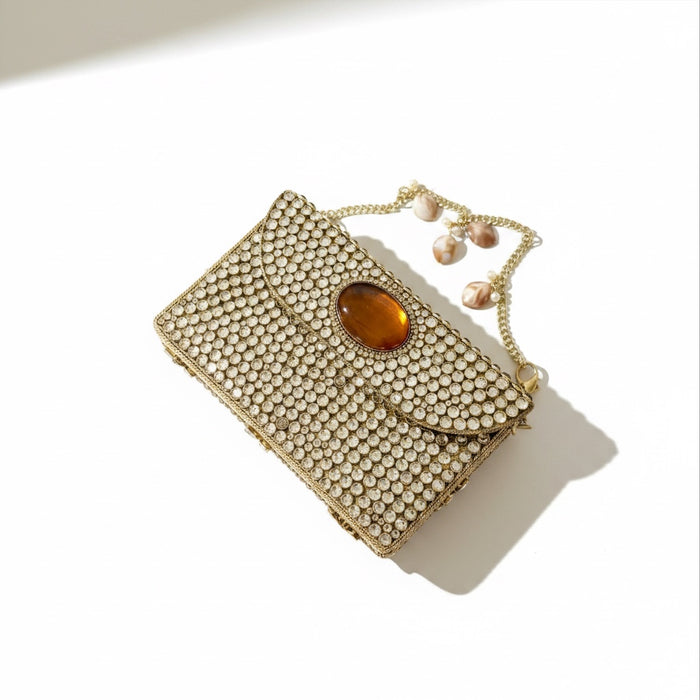 Natural Oval Brown Onyx Gemstone Clutch | Kundan Detailing on Brass Frame