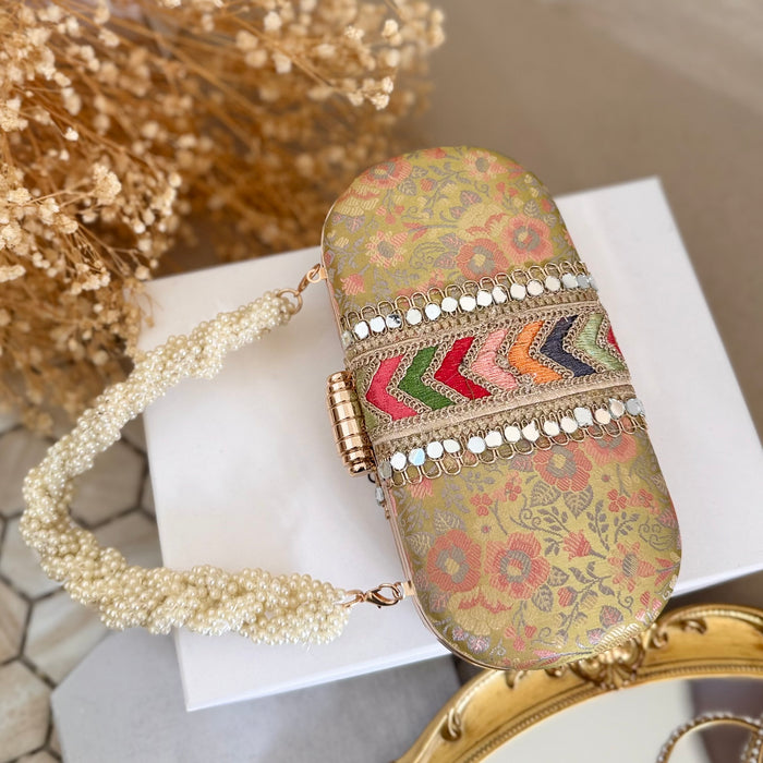 Handmade Banarasi Clutch: Banarasi Ethnic Clutch with Beaded Handle