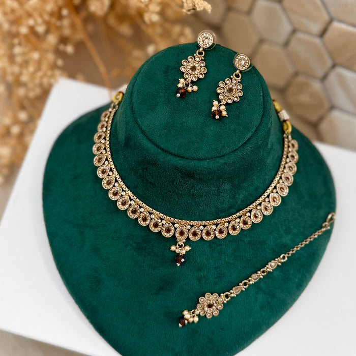 Indian Gold Plated Jewelry Set: Minimalist Bridal Necklace, Earrings and Tikka Set