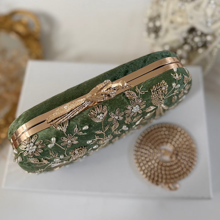 Olive Green Bridal Clutch: Zardosi Work Bird Knob Clutch