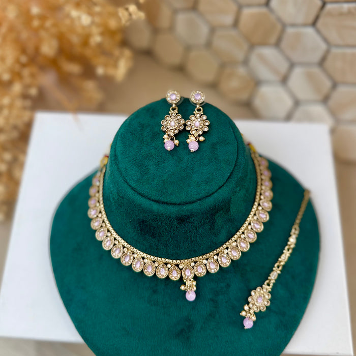 Indian Gold Plated Jewelry Set: Minimalist Bridal Necklace, Earrings and Tikka Set