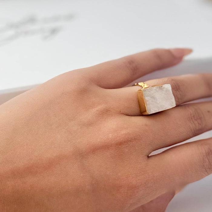 Natural Rose Quartz Ring with Brass - Statement Jewelry