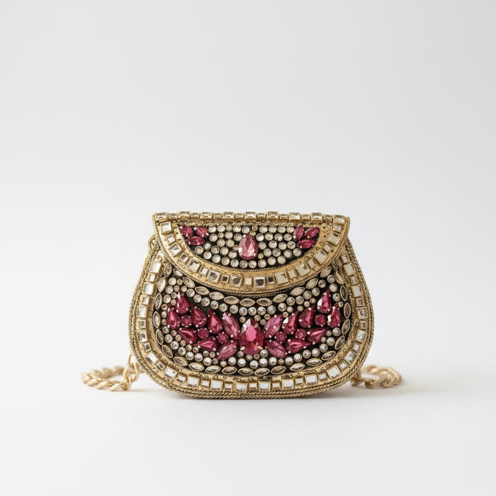 Hot Pink Kundan Mini Clutch: Metal Statement Bag