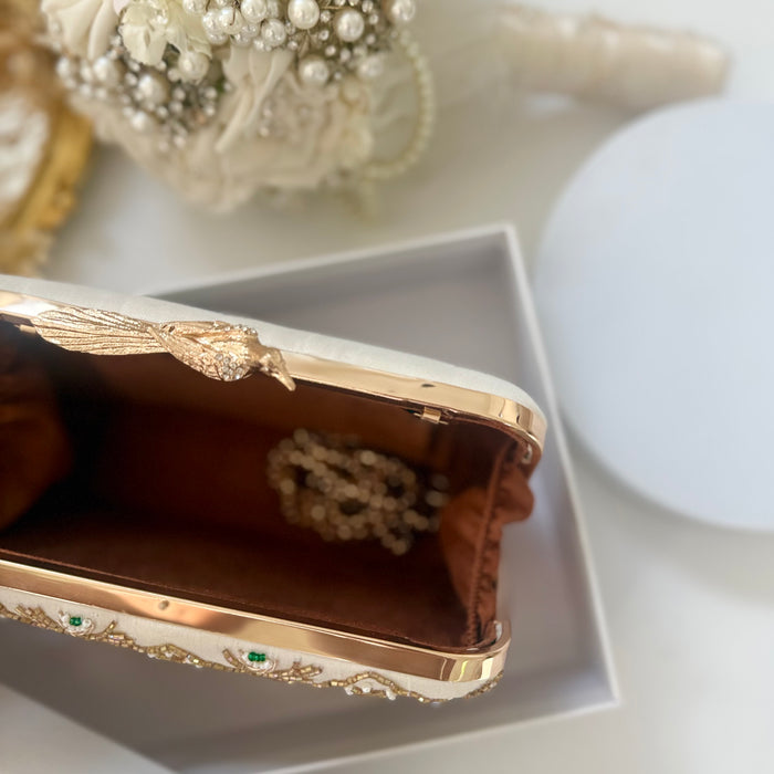Ivory Clutch | Beaded Evening Bag with Bird Knob