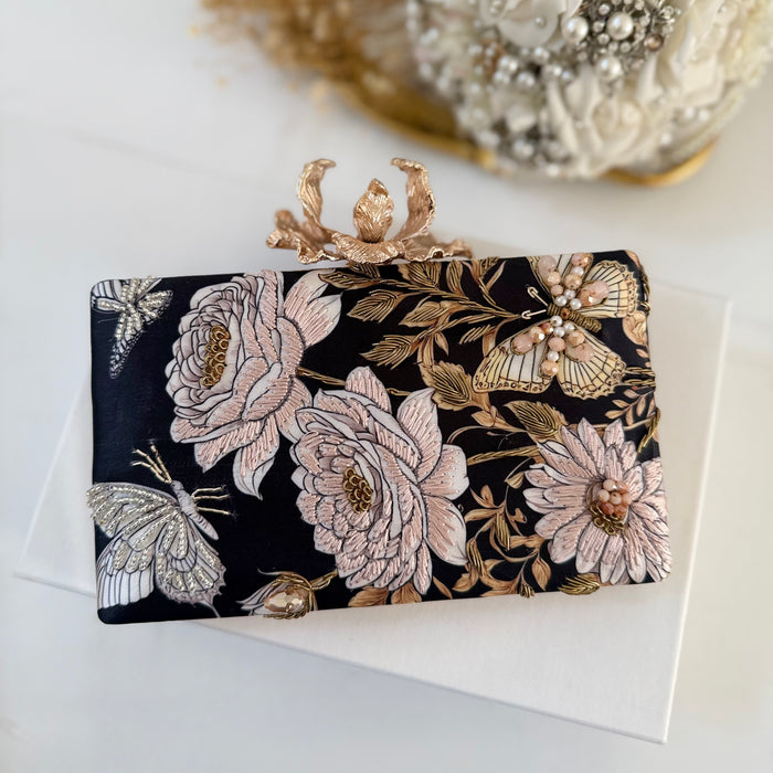 Black & Blush Rose Butterfly Clutch | Floral Evening Bag