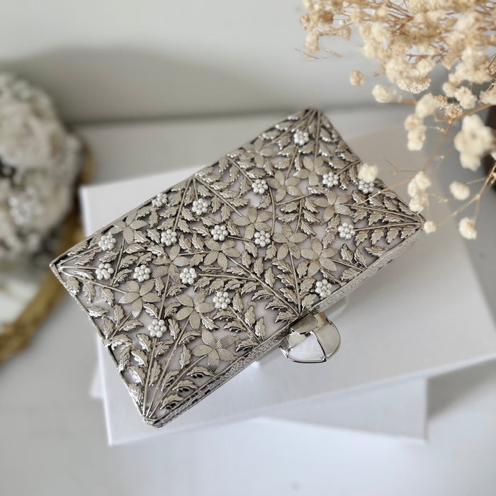 Silver Motif Bridal Clutch: Mother of Pearl & Brass Evening Bag