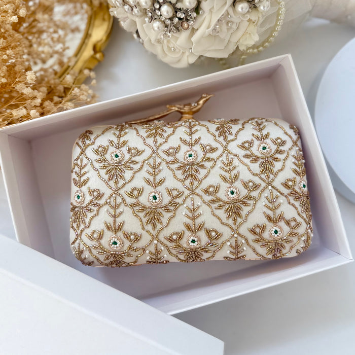 Ivory Clutch | Beaded Evening Bag with Bird Knob
