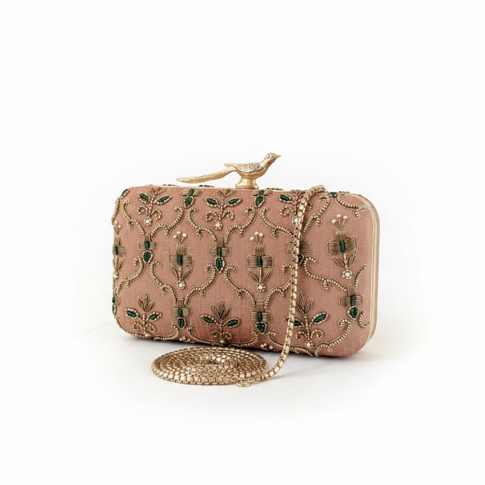 Deep Apricot Bridal Clutch: Hand Embroidered Floral Evening Bag