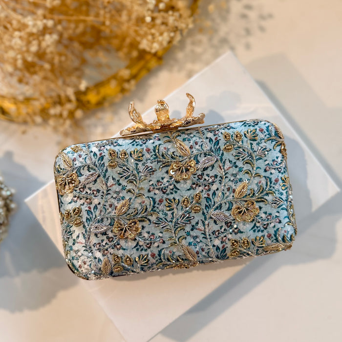 Teal Blue Hand-Embroidered Clutch With Large Flower Clasp 