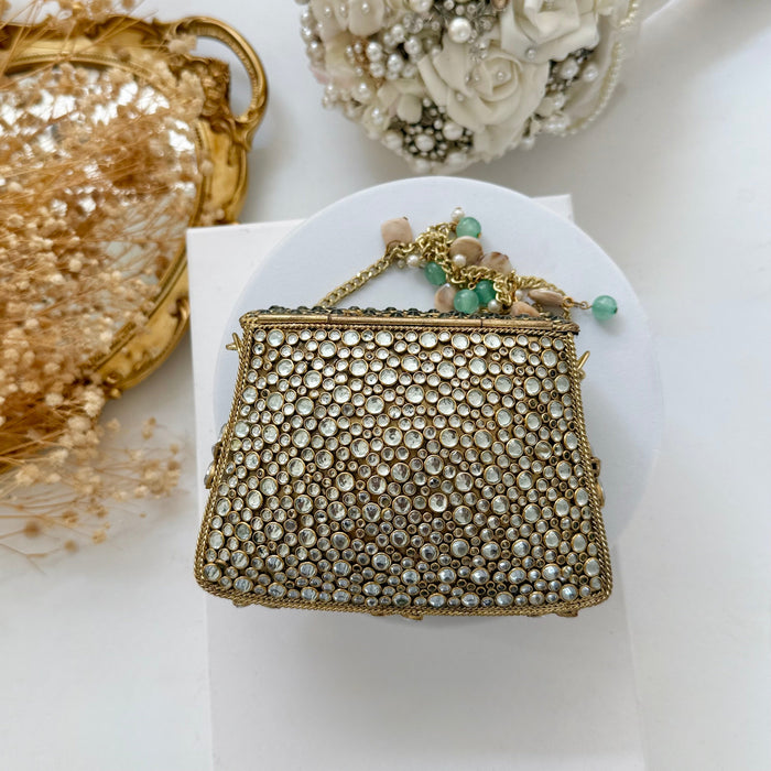 Natural Sage Green Onyx Gemstone & Kundan Mini Clutch