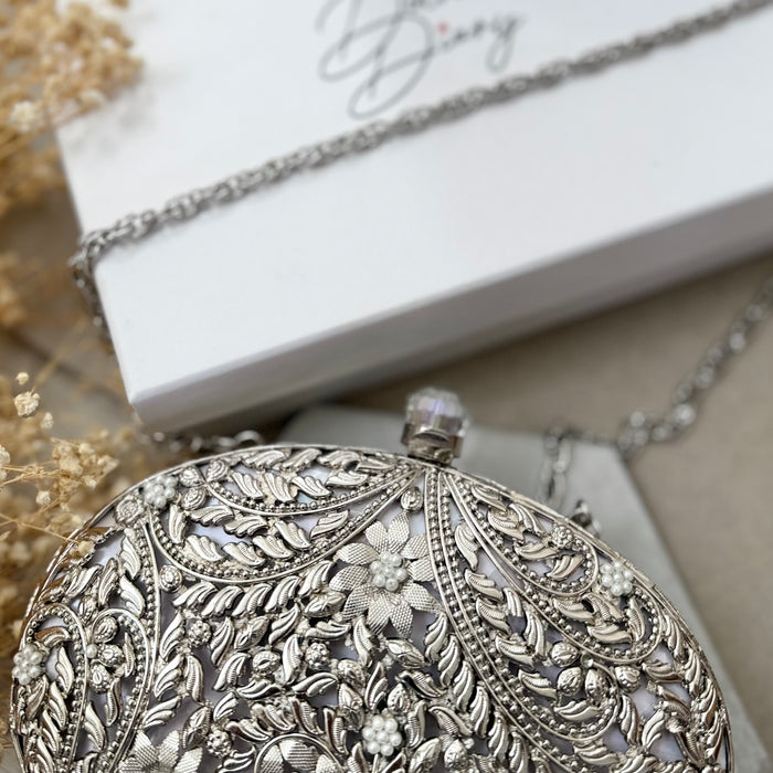 Silver Mother of Pearl Bridal Clutch | Brass Floral Evening Bag