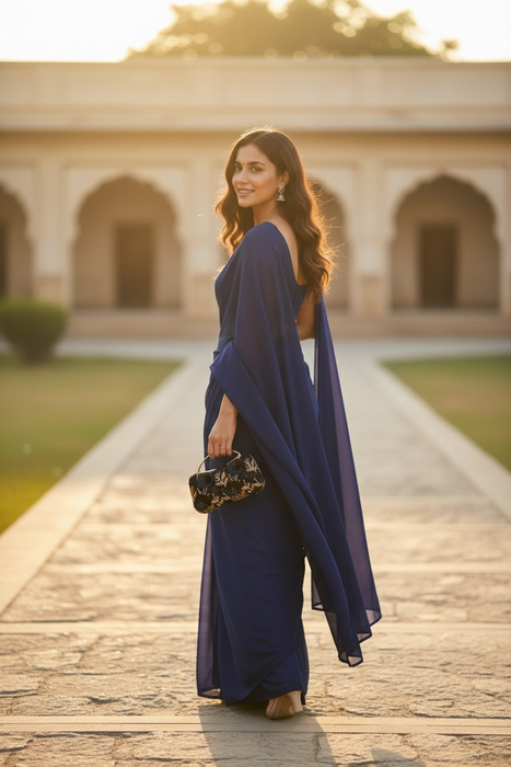 Midnight Blue Floral Clutch: Hand-Embroidered Top Handle Bag