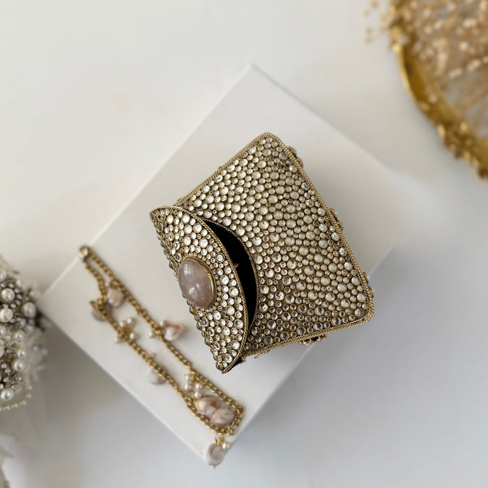 Natural Rose Quartz Gemstone Mini Clutch | Kundan Detailing on Brass Frame
