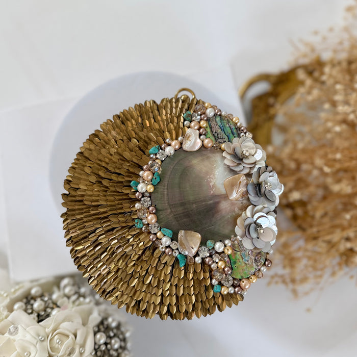 Brass Statement Clutch | Natural Shell, Turquoise Gemstones & Mother of Pearl