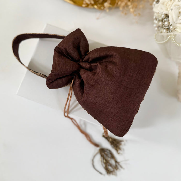 Brown Potli Bag – Antique Gold Zardosi Work Evening Bag