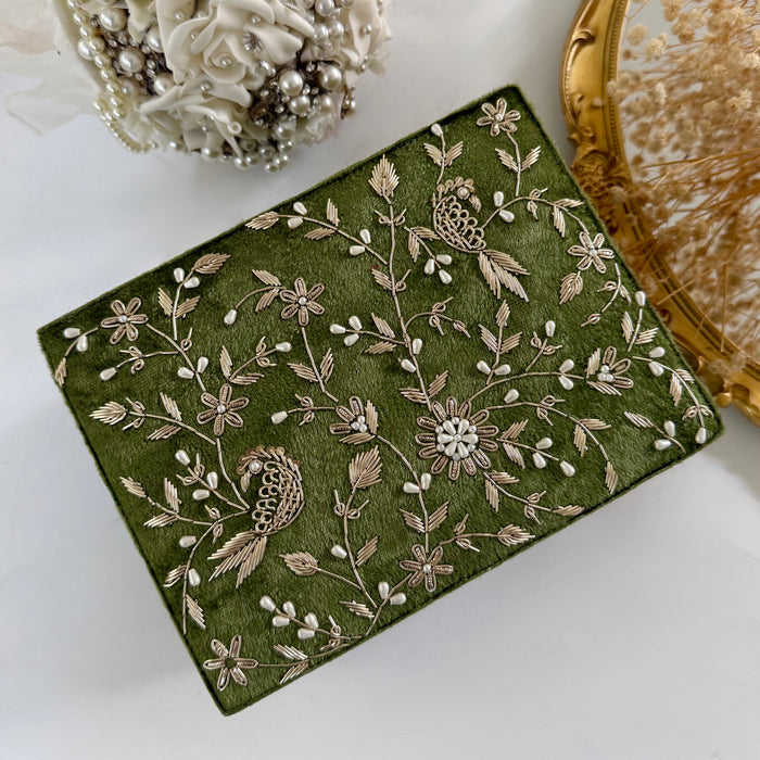 Olive Green Velvet Zardozi Work Kalira Box
