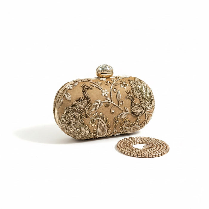Gold Peacock Zardozi Embroidered Clutch|Gold Evening Bag