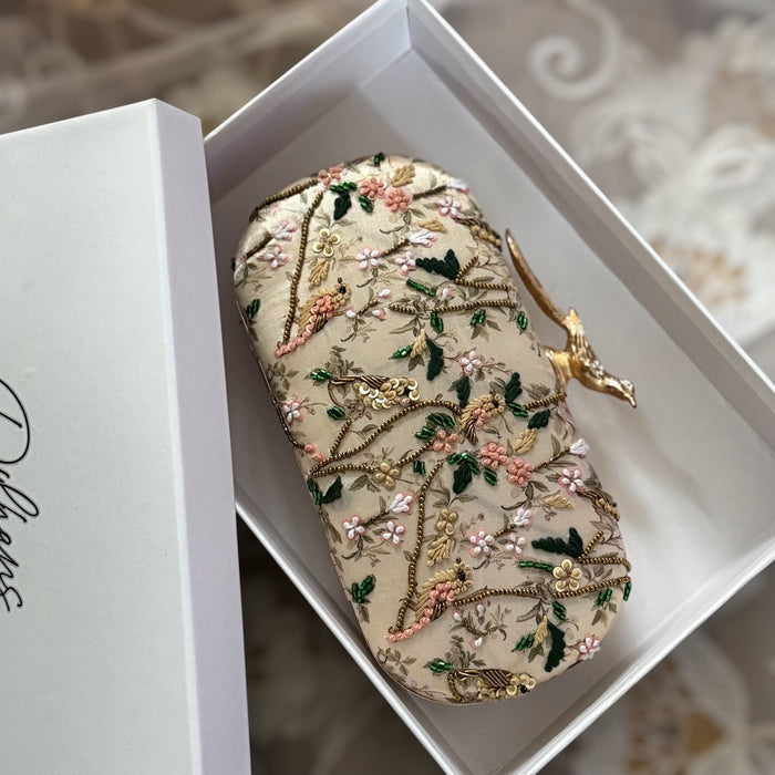 Floral Zardosi Bridal Clutch: Pastel Printed Wedding Clutch With Bird Knob