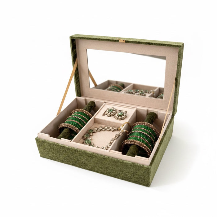 Olive Green Zardozi Work Trousseau Box - Bird Theme Keepsake Box
