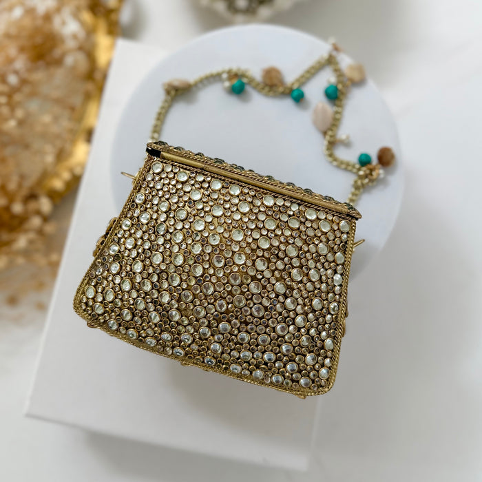 Natural Turquoise Gemstone Mini Clutch | Kundan Detailing on Brass Frame