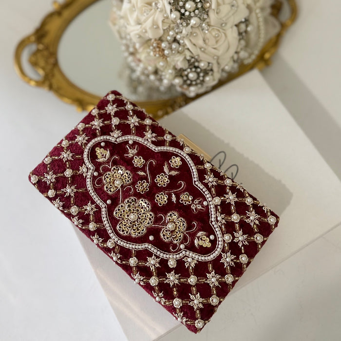 Maroon Velvet Clutch: Beaded Zardosi Indian Bridal Purse