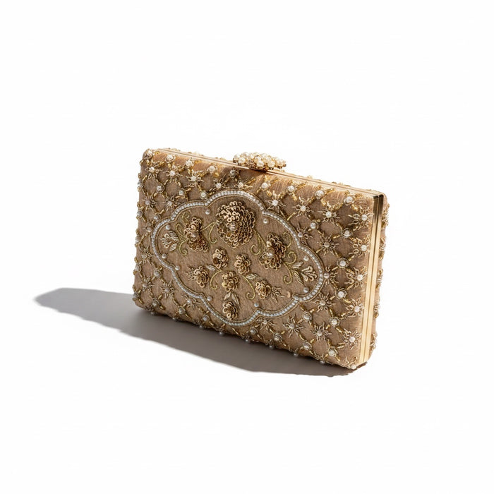 Gold Beaded Velvet Bridal Clutch Zardosi Wedding Purse
