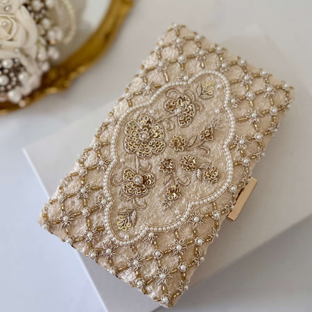 Beaded Ivory Cream Velvet Bridal Clutch Zardosi Wedding Purse finesse 