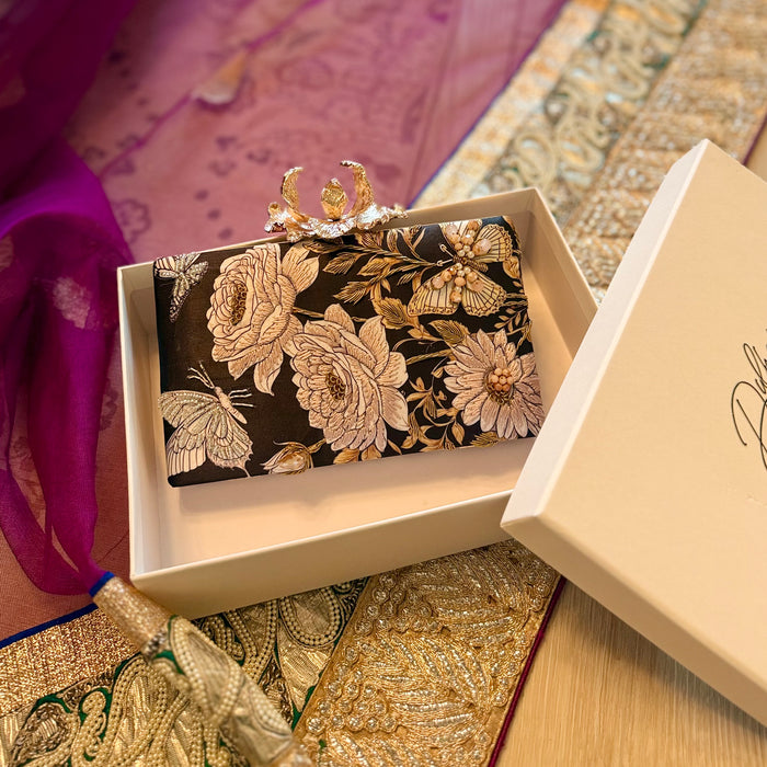Black & Blush Rose Butterfly Clutch | Floral Evening Bag