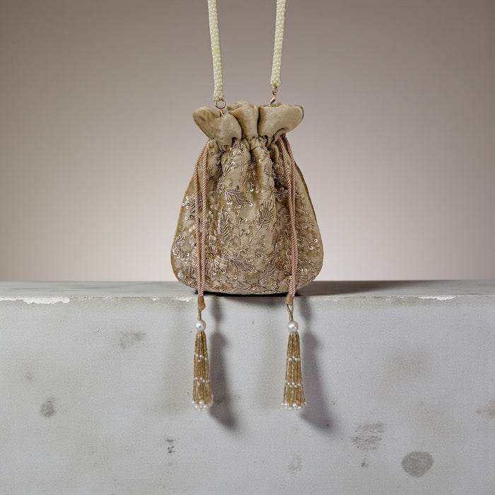 Champagne Gold Zardozi Work Bridal Potli Bag: Wedding Evening Bag