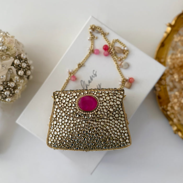 Natural Fuchsia Onyx Gemstone Mini Clutch | Kundan Detailing on Brass Frame