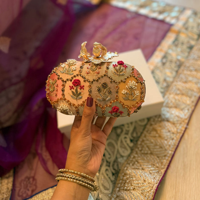 Jewel Tapestry Oval Clutch: Hand-Embroidered Oval Bag