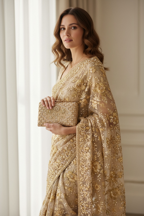 Gold Beaded Velvet Bridal Clutch Zardosi Wedding Purse