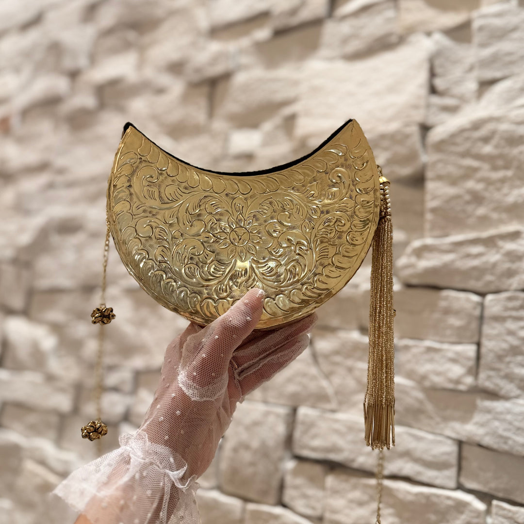 Moon Shape Brass Clutch: Gold Vintage Style Statement Handbag