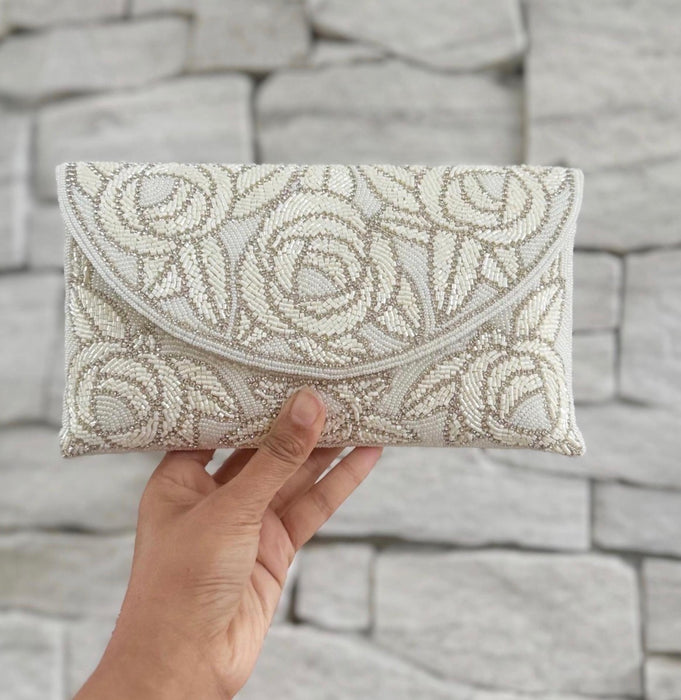 Handmade Beaded Bridal Clutch: Ivory White Evening Purse