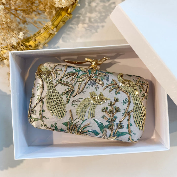 Sage Green Peacock Clutch | Hand-Embroidered Clutch With Bird Knob