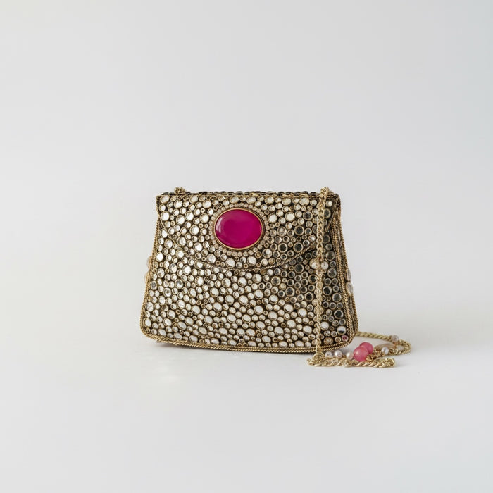 Natural Fuchsia Onyx Gemstone Mini Clutch | Kundan Detailing on Brass Frame