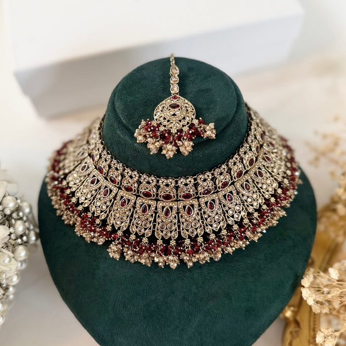 Antique Gold Plated Reverse AD Bridal Set- Maroon Bridal Necklace Set