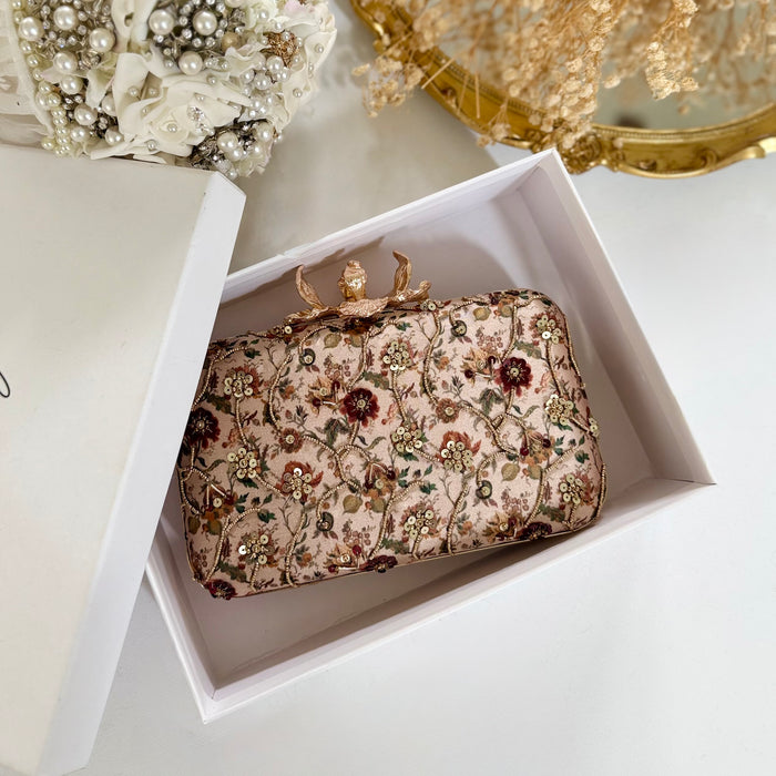 Hand-Embroidered Clutch Bag | Champagne Floral Purse