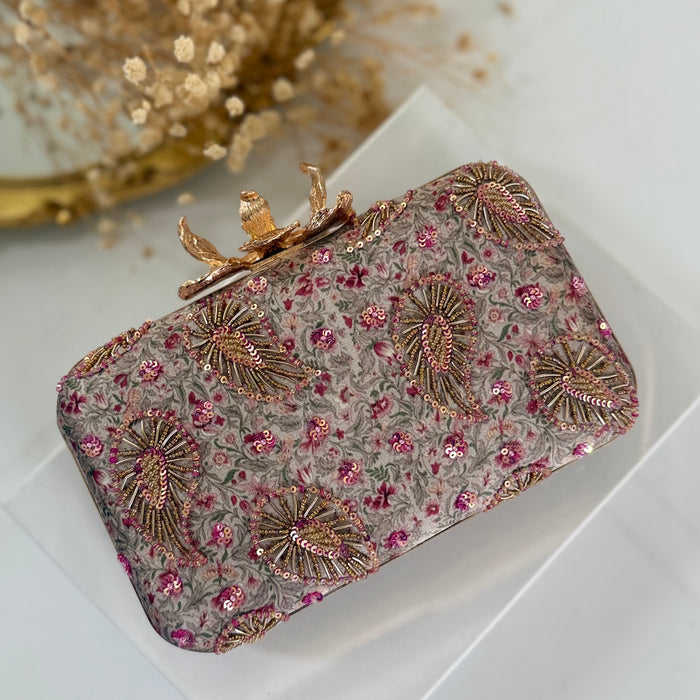 Multicolor Printed Hand-Embroidered Clutch Bag, Floral Evening Purse