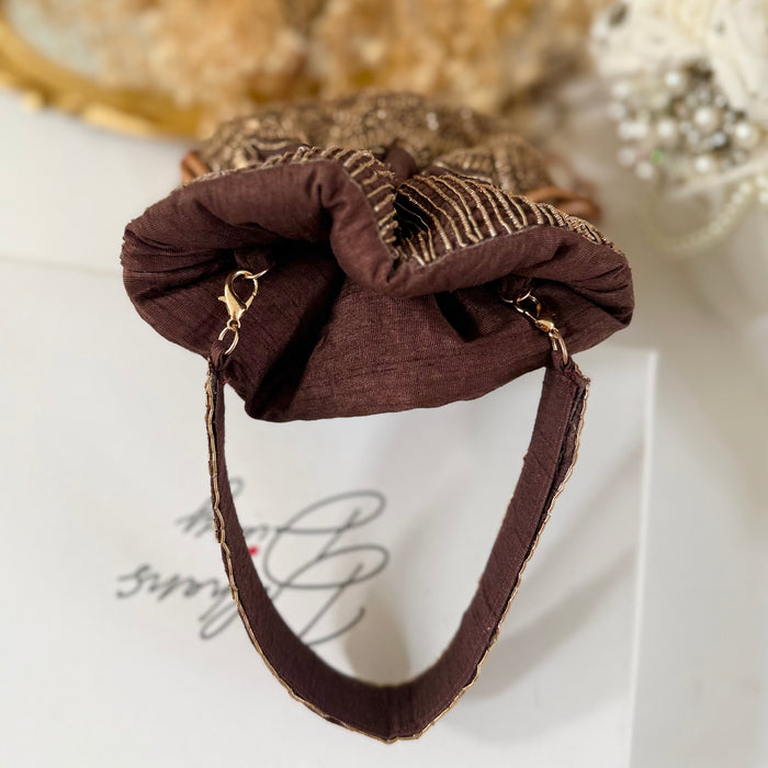 Brown Potli Bag – Antique Gold Zardosi Work Evening Bag