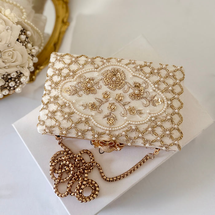 Beaded Ivory Velvet Bridal Clutch: Zardosi Wedding Purse