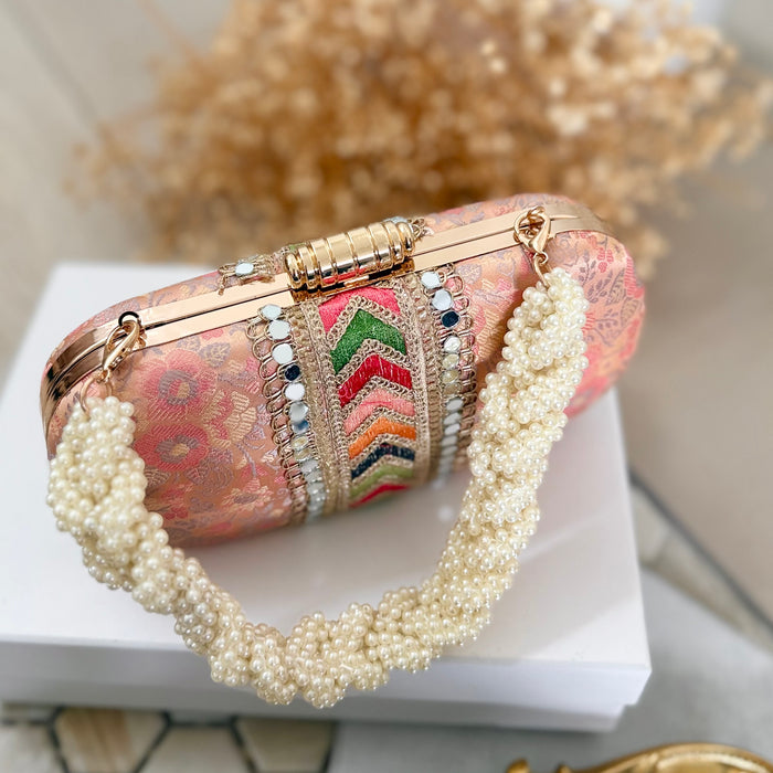 Multi-Color Banarasi Clutch: Banarasi Ethnic Clutch with Beaded Handle