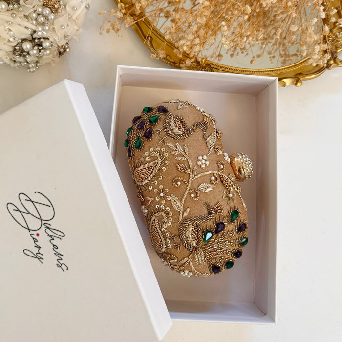 Peacock Clutch: Gold Hand-Embroidered Evening Bag