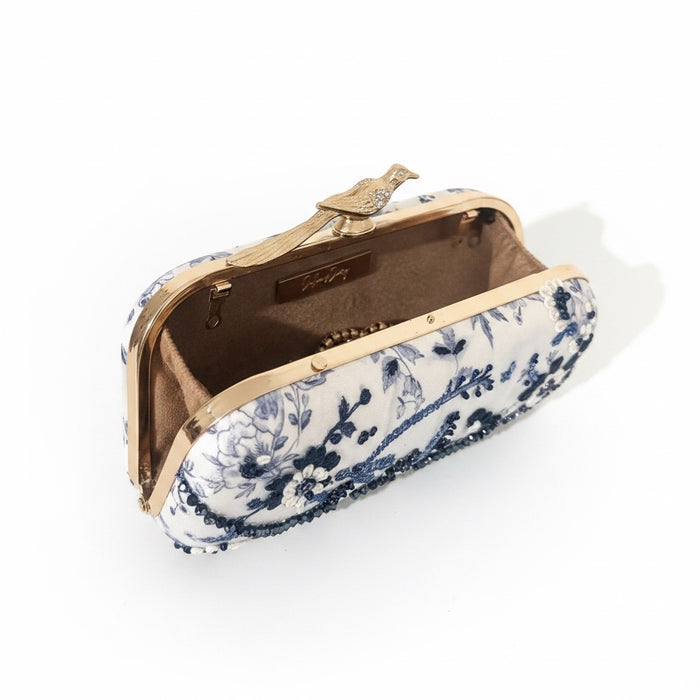 Florale Zardosi Brautclutch: Marineblaue bedruckte Hochzeitsclutch mit Vogelknauf