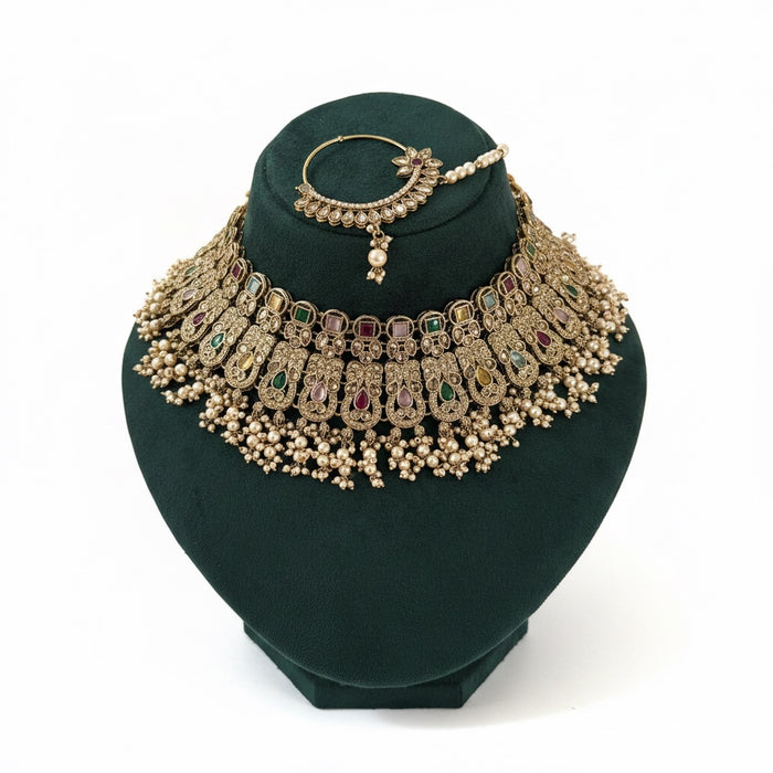 Antique Gold Plated Reverse AD Bridal Set Kundan Bridal Necklace Set