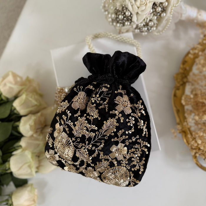 Black Zardozi Work Bridal Potli Bag: Wedding Evening Bag