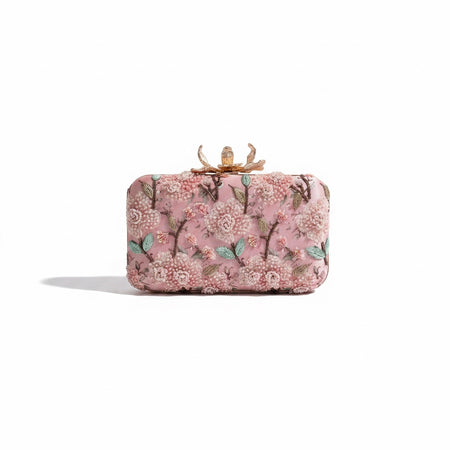 Dusty Pink Floral Motif Hand-Embroidered Clutch