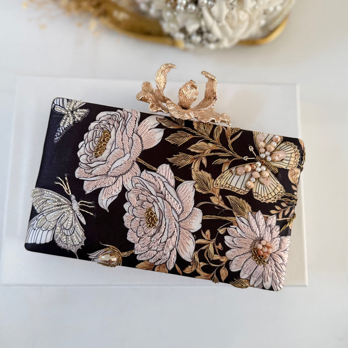 Black & Blush Rose Butterfly Clutch | Floral Evening Bag