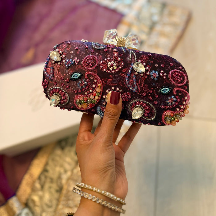 Purple Paisley Clutch | Hand-embroidered Bridal Clutch Bow Clasp